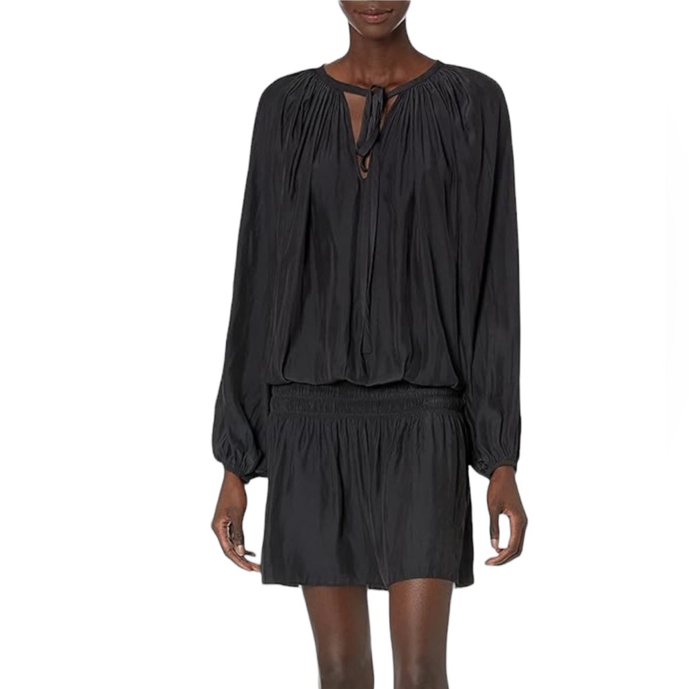 Ramy Brook Rosey Blouson Smocked Mini Dress Black Long Sleeve Tie Neck Size S - Picture 2 of 16